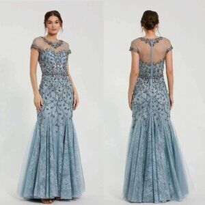 MAC DUGGAL Blue Embellished Lace Evening Gown with Illusion Neckline Size 12